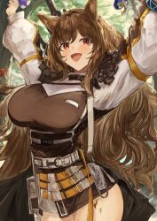 Rule 34 | 1girl, absurdres, animal ears, arknights, arms up, black skirt, breasts, brown hair, ceobe (arknights), day, dog ears, dog girl, fang, highres, kajuu, large breasts, long hair, long sleeves, looking at viewer, mushroom, open mouth, outdoors, red eyes, shirt, skin fang, skirt, smile, solo, standing