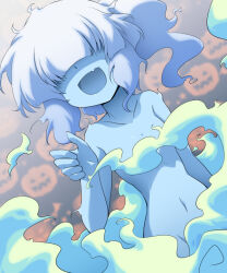 Rule 34 | 1girl, :d, bioroid hei, blue skin, breasts, collarbone, colored skin, commentary request, completely nude, convenient censoring, dutch angle, facing viewer, fang, fear (mon-musu quest!), fog, ghost girl, groin, hair over eyes, hand up, happy, jack-o&#039;-lantern print, messy hair, mon-musu quest!, mon-musu quest: paradox, monster girl, navel, nude, open mouth, ponytail, shadow, short hair, simple background, skin fang, small breasts, smile, smoke censor, solo, white hair