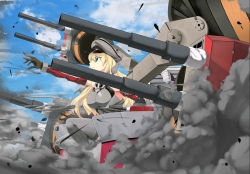 Rule 34 | 10s, 1girl, aqua eyes, attack, bismarck (kancolle), blonde hair, blue sky, breasts, cloud, day, elbow gloves, gloves, grey thighhighs, hat, kantai collection, large breasts, long hair, military, military uniform, outdoors, outstretched arms, pandatyama, pandatyama1, peaked cap, sky, sleeveless, smoke, solo, thighhighs, turret, uniform, zettai ryouiki
