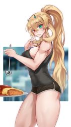 Rule 34 | 1girl, absurdres, black tank top, blonde hair, dolphin shorts, barghest (fate), fate/grand order, fate (series), food, green eyes, heterochromia, highres, muscular, muscular female, omelet, omurice, ponytail, red eyes, shorts, somebody (leiking00), tank top, thick thighs, thighs