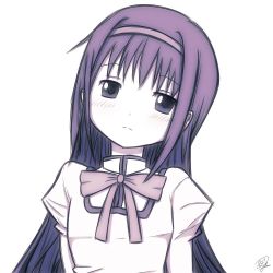 Rule 34 | 1girl, akemi homura, blush, bow, commentary request, female focus, head tilt, headband, long hair, looking at viewer, mahou shoujo madoka magica, mahou shoujo madoka magica (anime), monochrome, one (artist), purple theme, raised eyebrows, red bow, school uniform, signature, simple background, solo, upper body, very long hair, white background