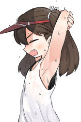 Rule 34 | 1girl, armpits, arms up, bare shoulders, black hair, blush, closed eyes, commentary request, fang, from side, hat, highres, kantai collection, lakilolom, open mouth, profile, red hat, ryuujou (kancolle), simple background, solo, stretching, sweat, tank top, twintails, upper body, visor cap, white background, white tank top