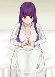 Rule 34 | 1girl, absurdres, blunt bangs, breasts, cleavage, closed mouth, collarbone, fern (sousou no frieren), fffukuzawa, highres, large breasts, long hair, long sleeves, nightgown, on bed, purple eyes, purple hair, sidelocks, sitting, smile, solo, sousou no frieren, white nightgown