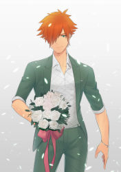 Rule 34 | 1boy, alternate costume, bouquet, fate/extra, fate/grand order, fate (series), flower, formal, green eyes, green suit, hair over one eye, highres, hunterkay, looking at viewer, male focus, orange hair, petals, robin hood (fate), smile, solo, suit, white flower