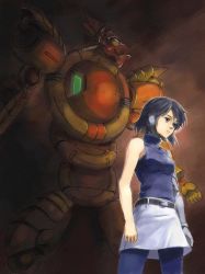 Rule 34 | 1girl, alien, alien soldier, bare shoulders, black hair, blue pantyhose, breasts, character request, height difference, mechanical arms, nakajimayou, pantyhose, pencil skirt, projected inset, prosthesis, robot ears, short hair, single mechanical arm, skirt, sleeveless, sleeveless turtleneck, small breasts, turtleneck