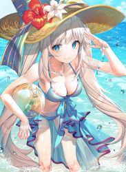 Rule 34 | 1girl, armpits, ball, bare arms, bare shoulders, beachball, bead necklace, beads, bikini, blue bikini, blue eyes, blue ribbon, blue sky, breasts, cleavage, closed mouth, collarbone, day, fate/grand order, fate (series), flower, front-tie bikini top, front-tie top, glint, groin, hand up, hat, hat flower, hat ribbon, hibiscus, highres, jewelry, kinty, long hair, looking at viewer, marie antoinette (fate), marie antoinette (swimsuit caster) (third ascension) (fate), medium breasts, necklace, ocean, outdoors, red flower, ribbon, salute, sarong, shading eyes, silver hair, sky, smile, solo, standing, stomach, sun hat, sunlight, swimsuit, thighs, twintails, very long hair, water, water drop, wet, white flower