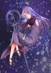 Rule 34 | 1girl, blue eyes, blue hair, braid, medea (fate), dress, fate/stay night, fate (series), long dress, long hair, magic circle, matching hair/eyes, night-of-the-end, pointy ears, solo, staff