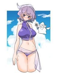 Rule 34 | 2girls, :|, adapted costume, blue eyes, blue panties, blue sky, blush, border, breasts, brooch, closed mouth, cloud, cloudy sky, collarbone, commentary request, crossed legs, ear blush, fingernails, gaogaowaan, highres, jewelry, large breasts, letty whiterock, lily white, looking to the side, multiple girls, navel, panties, purple hair, sarong, see-through, see-through sarong, short hair, sky, standing, stomach, sweat, sweatdrop, thighs, touhou, underwear, upper body, white headwear