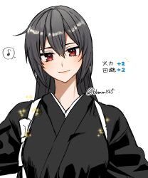 Rule 34 | 1girl, alternate costume, black hair, black kimono, blush, breasts, closed mouth, hair between eyes, highres, japanese clothes, kantai collection, kimono, large breasts, long hair, looking at viewer, machi (ritovoyage), musical note, nagato (kancolle), red eyes, simple background, solo, sparkle, spoken musical note, tasuki, translation request, twitter username, upper body, white background