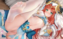 Rule 34 | 1girl, aqua eyes, ass, blue gemstone, blue nails, blush, breasts, brooch, cameltoe, circlet, fake horns, feet, feet up, foot focus, forehead jewel, gem, genshin impact, gold choker, harem outfit, highres, horns, jewelry, kamue, leg lift, long hair, long sleeves, lying, navel, nilou (genshin impact), no shoes, panties, petals, red hair, small breasts, smile, soles, solo, stomach, thighhighs, toes, twintails, underwear, veil, white headdress, white panties, white thighhighs