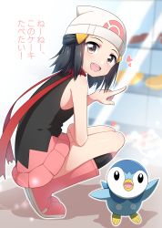 Rule 34 | 1girl, :d, bare arms, bare shoulders, beanie, bird, black hair, black shirt, black socks, blurry, blurry background, blush, boots, brown eyes, commentary request, creatures (company), dawn (pokemon), depth of field, fingernails, full body, game freak, gen 4 pokemon, hair ornament, hairclip, hat, heart, highres, knee boots, kneehighs, looking at viewer, looking to the side, minowa sukyaru, nintendo, open mouth, penguin, pink footwear, pink skirt, piplup, pleated skirt, pointing, pokemon, pokemon (creature), pokemon dppt, shirt, skirt, sleeveless, sleeveless shirt, smile, socks, squatting, translation request, white headwear