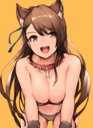 Rule 34 | 1girl, :d, absurdres, all fours, animal collar, animal ears, bad id, bad pixiv id, beatrix (granblue fantasy), blue ribbon, breasts, brown eyes, brown hair, cleavage, collar, fangs, fur bikini, fur trim, granblue fantasy, hair ribbon, highres, koretsuki azuma, large breasts, leaning forward, long hair, open mouth, red collar, ribbon, simple background, smile, solo, spiked collar, spikes, straight hair, teeth, upper teeth only, very long hair, yellow background