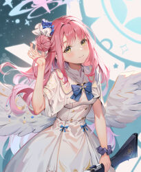 Rule 34 | 1girl, absurdres, al guang, angel wings, black scrunchie, blue archive, blue bow, blue bowtie, blush, bow, bowtie, capelet, commentary, cowboy shot, dress, feathered wings, flower, gun, hair bun, hair flower, hair ornament, halo, highres, holding, holding gun, holding weapon, lanchester smg, long hair, looking at viewer, low wings, mika (blue archive), pink hair, scrunchie, single side bun, sleeveless, sleeveless dress, smile, solo, submachine gun, weapon, white capelet, white dress, white wings, wing ornament, wings, wrist scrunchie, yellow eyes