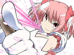 Rule 34 | 10s, 1girl, bow (weapon), dutch angle, foreshortening, frills, gloves, gogiga gagagigo, hair ribbon, kaname madoka, light particles, magical girl, mahou shoujo madoka magica, mahou shoujo madoka magica (anime), pink eyes, pink hair, ribbon, short twintails, smirk, solo, transparent background, twintails, weapon, white gloves