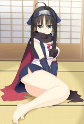 Rule 34 | 1girl, 3:, absurdres, ahoge, architecture, bare legs, barefoot, black hair, black scarf, blue gloves, blue kimono, breasts, closed mouth, commentary, curvy, east asian architecture, elbow gloves, feet, floral print, forehead protector, frown, full body, gloves, green eyes, hair between eyes, highres, hitachi mako, incredibly absurdres, indoors, japanese clothes, kaon zz, kimono, legs together, looking at viewer, medium breasts, ninja, parted bangs, scarf, senren banka, short hair with long locks, short kimono, shy, sitting, sleeveless, sleeveless kimono, solo, tatami, thighs, toes, v arms, yokozuwari