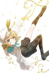 Rule 34 | 1boy, absurdres, aqua capelet, aqua ribbon, asymmetrical legwear, beret, black footwear, black pantyhose, black shorts, black socks, blonde hair, blue eyes, bow, canarinu, colored skin, edgar valden, edgar valden (golden ratio), frilled sleeves, frills, full body, hair bow, hat, hat feather, highres, holding, holding paintbrush, identity v, long hair, long sleeves, looking at viewer, looking back, low ponytail, male focus, multicolored skin, neck ribbon, official alternate costume, outstretched arm, paintbrush, pantyhose, plaid socks, puffy long sleeves, puffy shorts, puffy sleeves, ribbon, ringlets, shoes, shorts, single leg pantyhose, smile, socks, solo, sparkle, striped clothes, striped shorts, swept bangs, uneven legwear, white background, white hat, yellow bow, yellow skin