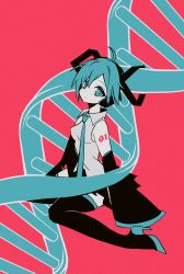 Rule 34 | 1girl, arms at sides, bare shoulders, black footwear, black skirt, blue eyes, blue hair, blue necktie, blue theme, boots, breasts, closed mouth, collared shirt, commentary request, detached sleeves, dna, double helix, full body, grey shirt, happy, hatsune miku, head tilt, headset, high heel boots, high heels, highres, limited palette, narrow waist, necktie, no nose, number tattoo, pale skin, pink background, pleated skirt, rinhuei, shirt, shoulder tattoo, simple background, skindentation, skirt, sleeveless, sleeveless shirt, sleeves past fingers, sleeves past wrists, small breasts, smile, solo, surreal, tattoo, thigh boots, thighhighs, tsurime, vocaloid, zettai ryouiki