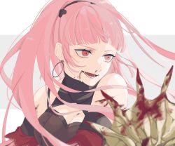 Rule 34 | 1girl, axe, bad id, bad twitter id, blood, bloody weapon, earrings, female focus, fire emblem, fire emblem: three houses, freikugal (weapon), highres, hilda valentine goneril, hoop earrings, jewelry, long hair, matching hair/eyes, nintendo, nuinui41, open mouth, pink eyes, pink hair, ponytail, simple background, solo, upper body, weapon