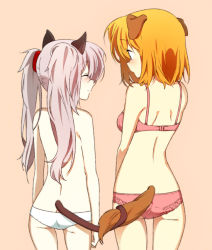 Rule 34 | 00s, 2girls, :o, ^ ^, animal ears, ass, back, bad id, bad pixiv id, beige background, blue eyes, blush, bra, butt crack, cat ears, cat tail, closed eyes, closed mouth, cowboy shot, dog ears, dog tail, from behind, fuyou kaede, hair tie, happy, intertwined tails, kemonomimi mode, lace, lace-trimmed panties, lace panties, lace trim, light smile, long hair, looking at another, multiple girls, open mouth, orange hair, pale skin, panties, pink bra, pink panties, primula, profile, short hair, shuffle!, silver hair, simple background, smile, standing, tail, tail wrap, tariho (robotanime), topless, twintails, underwear, underwear only, white panties, yuri