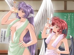 Rule 34 | 2girls, angel, bath, demon, drinking, closed eyes, flat chest, hand on own hip, head wings, hip focus, kity saifuon, long hair, lucy fouque, men at work! 2, milk, multiple girls, nude, pinky out, purple hair, red hair, short hair, towel, wings, yamamoto kazue, yogurt