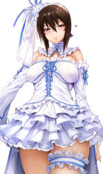 Rule 34 | 10s, 1girl, alternate costume, bad id, bad pixiv id, bare shoulders, blush, breasts, bridal garter, brown eyes, brown hair, colored skin, comic, cowboy shot, detached collar, detached sleeves, dress, from below, girls und panzer, hair between eyes, hair ornament, hairband, half-closed eyes, has bad revision, has downscaled revision, heart, highres, ikuchan kaoru, large breasts, looking at viewer, md5 mismatch, multicolored skin, nishizumi maho, parted lips, resolution mismatch, short hair, simple background, smile, solo, source smaller, sparkle, standing, thighs, waist cape, white background, white dress