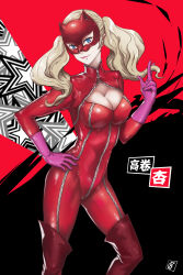 Rule 34 | 10s, 1girl, blonde hair, blue eyes, bodysuit, boots, breasts, cleavage cutout, clothing cutout, gloves, gy (artist), highres, long hair, looking at viewer, mask, persona, persona 5, solo, takamaki anne, thigh boots, thighhighs, twintails