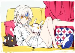 Rule 34 | 1girl, bad id, bad twitter id, barefoot, buttons, closed mouth, collarbone, collared shirt, couch, curtains, elsword, eve (elsword), facial mark, flat chest, forehead jewel, headgear, hwansang, leg up, looking at viewer, moby (elsword), naked shirt, pillow, remy (elsword), shirt, short hair, silver hair, sitting, solo, unbuttoned, unbuttoned shirt, white shirt, yellow eyes