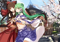 Rule 34 | 2girls, adapted costume, architecture, blue sky, bow, bracelet, brown eyes, brown hair, building, cherry blossoms, choker, day, detached sleeves, east asian architecture, female focus, frog hair ornament, green hair, groin, hair bow, hair ornament, hair tubes, hakurei reimu, heart, heart hands, heart hands duo, jewelry, kochiya sanae, lia-sama, long hair, long sleeves, looking at viewer, mary janes, midriff, multiple girls, navel, open mouth, pendant, shirt, shoes, shrine, skirt, sky, smile, snake hair ornament, stone lantern, temple, touhou, tree, wide sleeves, yellow eyes