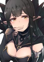 Rule 34 | 1girl, absurdres, bare shoulders, black dress, black hair, blush, breasts, bridal gauntlets, cleavage, detached collar, detached sleeves, dress, dyson (edaokunnsaikouya), fang, fate/apocrypha, fate/grand order, fate (series), fingers to chin, fur trim, hand on own chin, highres, large breasts, long hair, pointy ears, semiramis (fate), solo, upper body, watery eyes, yellow eyes