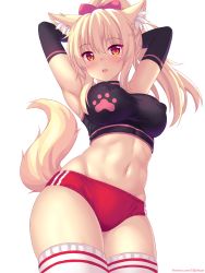 Rule 34 | 1girl, absurdres, animal ear fluff, animal ears, armpits, arms behind head, arms up, bare shoulders, black shirt, black sleeves, blonde hair, blouse, blush, bow, breasts, buruma, cat ears, cat girl, cat tail, commentary, covered erect nipples, crop top, detached sleeves, english commentary, groin, hair between eyes, hair bow, high ponytail, highres, large breasts, long hair, long sleeves, looking at viewer, midriff, navel, nottytiffy, open mouth, original, ponytail, red bow, red buruma, red eyes, shirt, simple background, sleeveless, sleeveless shirt, slit pupils, solo, tail, tail raised, teeth, thighhighs, tiffy (nottytiffy), upper teeth only, watermark, web address, white background, white thighhighs