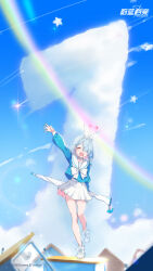 Rule 34 | 1girl, arm up, arona (blue archive), blue archive, blue eyes, blue hair, blue sky, blush, bow, chinese commentary, chinese text, closed eyes, cloud, countdown, day, flying, full body, hair ornament, highres, holding, long hair, long sleeves, looking at viewer, official art, open mouth, outdoors, outstretched arms, pleated skirt, school uniform, shirt, shoes, short hair, skirt, sky, smile, solo, standing, twintails, white footwear, white skirt, you guo chaocai