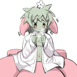 Rule 34 | 1girl, bad id, bad pixiv id, blush, breasts, collarbone, colored skin, flower, green hair, green skin, heavy breathing, highres, long sleeves, looking away, looking down, monster girl, naked shirt, navel, open mouth, original, oversized clothes, oversized shirt, plant girl, red eyes, shirt, simple background, sleeves past fingers, sleeves past wrists, small breasts, solo, translation request, u-non (annon&#039;an), white background, white flower, white shirt