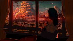 1girl absurdres artdroiiid_ii black_hair blue_sky cityscape cloud cloudy_sky commentary cumulonimbus_cloud curtains english_commentary facing_away highres indoors long_hair long_sleeves looking_through_window mountainous_horizon original purple_bag sailor_collar sailor_shirt scenery shirt sky solo sunset white_shirt wide_shot window