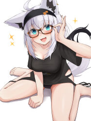 Rule 34 | 1girl, absurdres, adjusting eyewear, ahoge, animal ear fluff, animal ears, black hairband, black panties, black shirt, blush, breasts, cleavage, commentary request, earrings, fox ears, fox girl, fox tail, glasses, green eyes, hair between eyes, hairband, highres, hololive, jewelry, long hair, looking at viewer, medium breasts, micon, open mouth, panties, shirakami fubuki, shirakami fubuki (loungewear), shirt, sidelocks, simple background, sitting, solo, sparkle, tail, underwear, virtual youtuber, wariza, white background, white hair