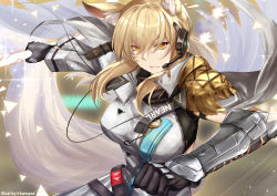 Rule 34 | 1girl, absurdres, animal ear fluff, arknights, artist name, black gloves, black scarf, blonde hair, breasts, closed mouth, gauntlets, gloves, headset, highres, holding, irkawaza, jacket, lips, long hair, looking at viewer, medium breasts, nearl (arknights), orange eyes, scarf, simple background, solo, upper body, white jacket