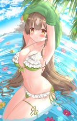Rule 34 | 1girl, absurdres, armpits, arms up, bikini, blush, breasts, brown eyes, brown hair, cleavage, closed mouth, cloud, collarbone, commentary request, day, fisheye, frilled bikini, frills, green bikini, green shirt, hair between eyes, highres, kanti15, large breasts, legs together, looking at viewer, navel, ocean, outdoors, palm tree, petals, petals on liquid, pout, satono diamond (umamusume), shirt, side-tie bikini bottom, solo, swimsuit, tree, umamusume, undressing