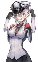 Rule 34 | 10s, 1girl, blonde hair, blue eyes, blush, breasts, capelet, fake facial hair, fake mustache, gloves, graf zeppelin (kancolle), hat, highres, i.f.s.f, kantai collection, long hair, looking at viewer, peaked cap, simple background, solo, twintails, twitter username, white background