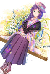Rule 34 | 10s, 1girl, alternate hairstyle, aqua eyes, artist name, boots, braid, cross-laced footwear, duzie e, floral print, flower, hair over shoulder, hakama, hakama skirt, hands on lap, hat, hat flower, high heel boots, high heels, highres, japanese clothes, kimono, lace-up boots, long hair, long skirt, looking at viewer, love live!, love live! school idol festival, love live! school idol project, meiji schoolgirl uniform, multicolored clothes, purple hair, shawl, single braid, sitting, skirt, smile, solo, tojo nozomi, wide sleeves
