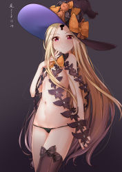 Rule 34 | 1girl, abigail williams (fate), abigail williams (second ascension) (fate), absurdres, bare shoulders, black bow, black hat, black panties, black thighhighs, blonde hair, blush, bow, breasts, closed mouth, fate/grand order, fate (series), forehead, grey background, hat, highres, hip focus, keyhole, kuriko, long hair, looking at viewer, navel, orange bow, panties, parted bangs, polka dot, polka dot bow, red eyes, single thighhigh, small breasts, smile, solo, stuffed animal, stuffed toy, teddy bear, thighhighs, thighs, underwear, witch hat