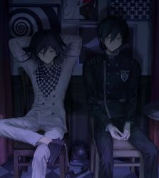 Rule 34 | 2boys, arms behind head, black hair, black jacket, black pants, breast pocket, buttons, chair, checkered clothes, checkered scarf, closed mouth, crossed legs, danganronpa (series), danganronpa v3: killing harmony, double-breasted, flipped hair, foot up, grey jacket, grey pants, hair between eyes, highres, indoors, iumi urura, jacket, looking at viewer, male focus, multicolored hair, multiple boys, oma kokichi, own hands together, pants, phone, pink hair, pocket, saihara shuichi, scarf, sitting, smile, striped clothes, striped jacket, striped pants, two-tone hair