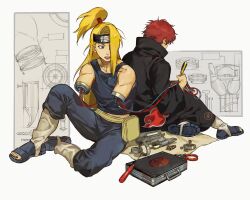 Rule 34 | 2boys, akatsuki uniform, amputee, back-to-back, bare shoulders, black pants, black robe, black tanktop, blonde hair, blueprint (object), deidara (naruto), double amputee, forehead protector, hair over one eye, high ponytail, highres, holding, holding screwdriver, knee up, leg warmers, long hair, male focus, mechanical parts, multiple boys, nail polish, naruto (series), naruto shippuuden, open mouth, pants, pliers, red hair, robe, sandals, sansanpai, sasori (naruto), screwdriver, sitting, tank top, teeth, upper teeth only, white background, white leg warmers, wire