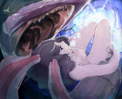 Rule 34 | 1girl, completely nude, covering breasts, covering privates, enpou, female focus, inaba no shiro usagi, inaba tewi, nude, shark, solo, touhou, underwater