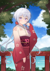 Rule 34 | 1girl, absurdres, ahoge, alternate costume, aza (hikimori45), blush, closed mouth, feet out of frame, female focus, flower print, from side, gradient kimono, hand up, highres, japanese clothes, kimono, light purple hair, long hair, long sleeves, looking at viewer, looking to the side, low twintails, obi, outdoors, print kimono, purple eyes, red kimono, red obi, sash, scrunchie, senki zesshou symphogear, smile, solo, standing, straight-on, tree, twintails, two-tone kimono, white kimono, wide sleeves, yukine chris