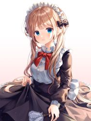 Rule 34 | 1girl, absurdres, black bow, black skirt, blonde hair, bow, bowtie, breasts, buttons, closed mouth, dress, duster, frilled skirt, frills, gradient background, hair ornament, highres, huge filesize, long hair, long sleeves, low twintails, maid, maid headdress, myowa, original, red bow, red bowtie, skirt, skirt hold, sleeve cuffs, solo, twintails, very long hair, white bow