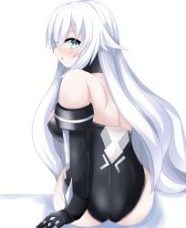 Rule 34 | ass, back, back muscles, bare shoulders, black heart (neptunia), blush, bodysuit, boots, breasts, curious, flustered, gloves, green eyes, highres, legs, long hair, matrixjudge, medium breasts, neptune (series), noire (neptunia), open mouth, sitting, solo, surprised, thighs, tsundere, white hair