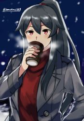 Rule 34 | 1girl, black hair, black jacket, breath, coffee cup, cup, disposable cup, drinking, jacket, kantai collection, long hair, ponytail, red eyes, sidelocks, snow, snowing, solo, somechime (sometime1209), turtleneck, twitter username, upper body, yahagi (kancolle)