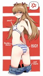 Rule 34 | 1girl, anger vein, ass, blue eyes, blush, bra, breasts, brown hair, clothes pull, denim, denim shorts, english text, ina (gokihoihoi), lingerie, long hair, looking back, neon genesis evangelion, panties, shorts, shorts pull, small breasts, solo, souryuu asuka langley, spoken anger vein, striped clothes, striped panties, sweatdrop, underwear, underwear only