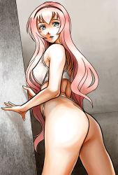 Rule 34 | 1girl, absurdres, against wall, ass, bare legs, blue eyes, bra, dutch angle, female focus, fukushima nyuugyou inc, hairband, highres, legs, lingerie, lips, long hair, looking back, megurine luka, open mouth, panties, pink hair, solo, standing, string panties, underwear, underwear only, very long hair, vocaloid