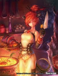 Rule 34 | 1girl, bare shoulders, carrot, copyright name, dragon tail, food, force of will, gloves, hair ornament, hair stick, hairclip, knife, leaf, meat, official art, ponytail, red eyes, red hair, solo, sylvia gill palarilias (force of will), tail, thighhighs