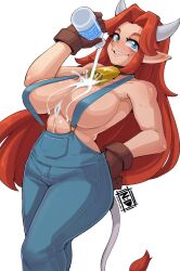 Rule 34 | 1girl, aged up, alternate breast size, bell, blue eyes, bottle, breasts, brown gloves, cleavage, commentary, commission, cow horns, cow tail, cowbell, curvy, denim, english commentary, gloves, hair intakes, hand on own hip, highres, horns, kemonomimi mode, large breasts, leather, leather gloves, long hair, long pointy ears, malon, milk, milk bottle, naked overalls, naughty face, neck bell, nintendo, nudiedoodles, orange hair, overalls, pointy ears, pouring, pouring onto self, sideboob, sidelocks, smile, solo, spilling, suggestive fluid, suspenders, tail, teasing, the legend of zelda, the legend of zelda: ocarina of time, very long hair, white background